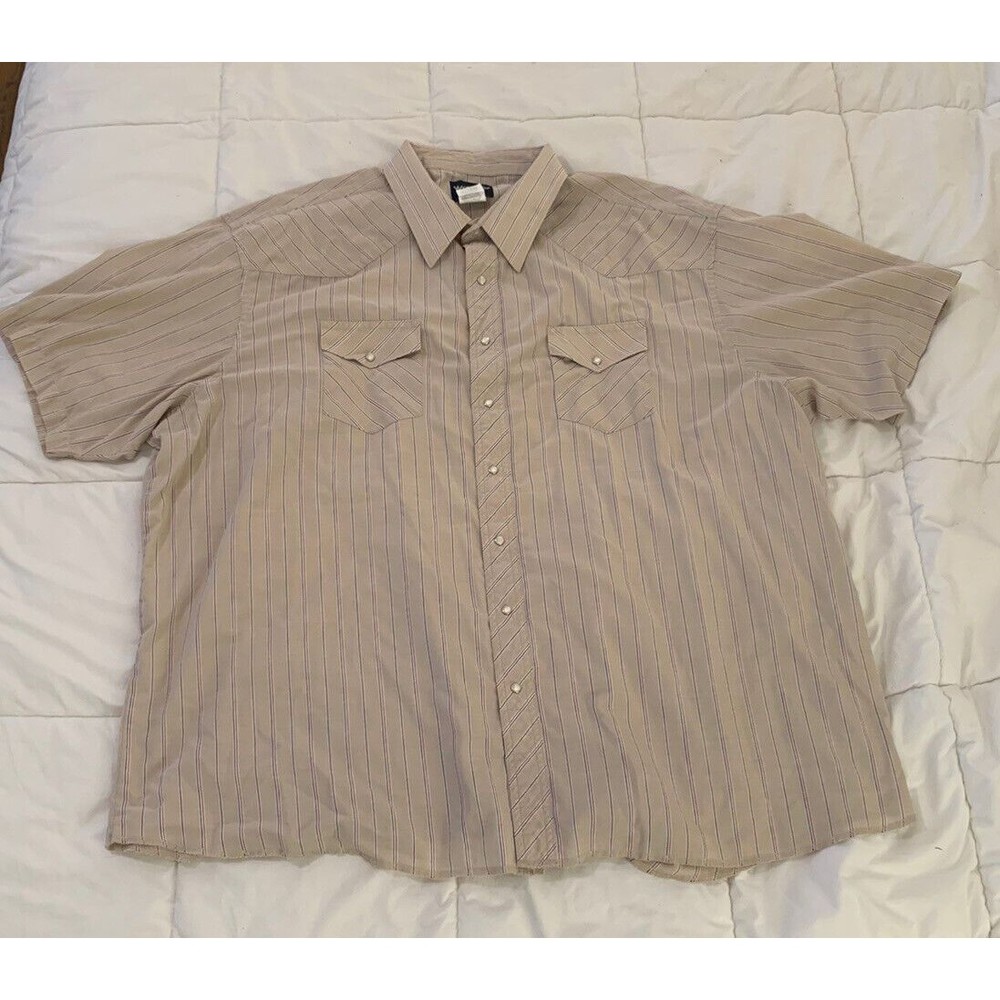 VTG Wrangler Pearl Snap Western Shirt Red White Blue Tan Stripe 23 Tall Cowboy